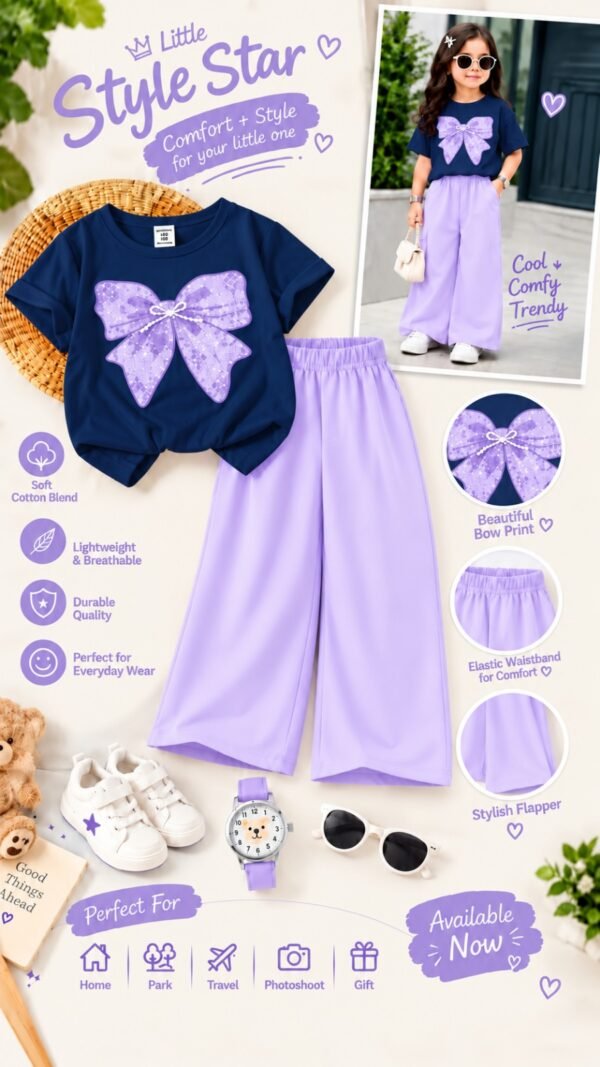 Girls Bow Print T-Shirt & Flapper Trouser Set - lilac flapper navy t-shirt colourway photo 18