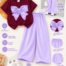 Girls Bow Print T-Shirt & Flapper Trouser Set - lilac flapper maroon t-shirt colourway photo 19