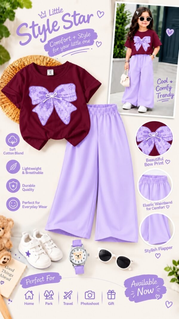 Girls Bow Print T-Shirt & Flapper Trouser Set - lilac flapper maroon t-shirt colourway photo 19