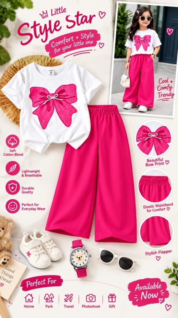 Girls Bow Print T-Shirt & Flapper Trouser Set - hot pink flapper white t-shirt colourway photo 2