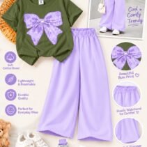Girls Bow Print T-Shirt & Flapper Trouser Set - lilac flapper olive t-shirt colourway photo 20