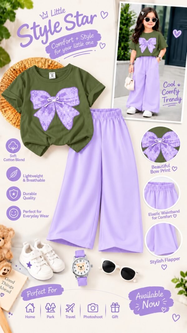 Girls Bow Print T-Shirt & Flapper Trouser Set - lilac flapper olive t-shirt colourway photo 20