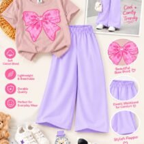 Girls Bow Print T-Shirt & Flapper Trouser Set - lilac flapper light pink t-shirt colourway photo 21