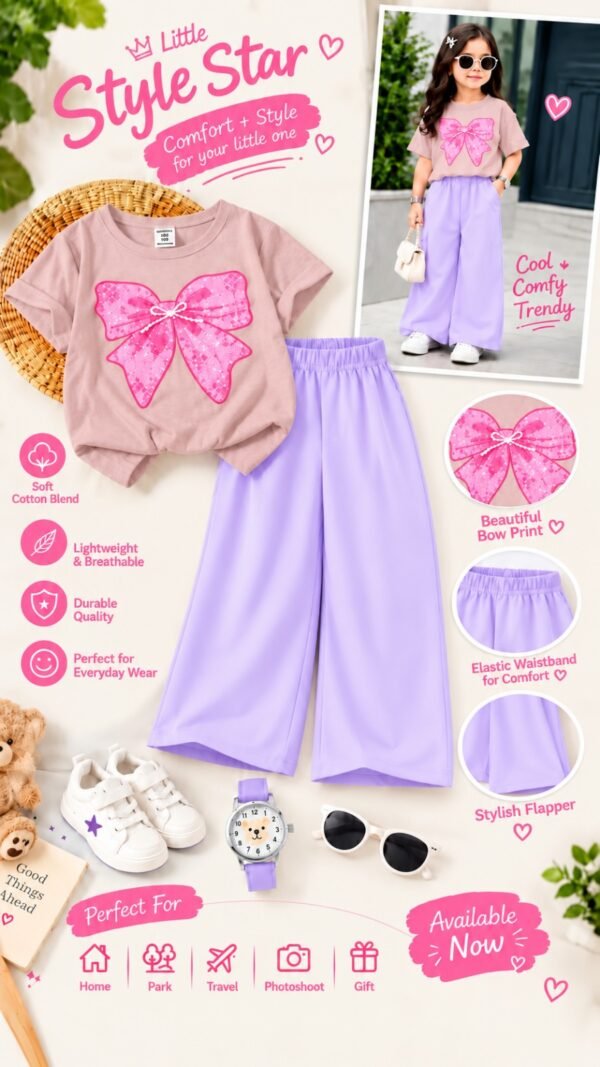 Girls Bow Print T-Shirt & Flapper Trouser Set - lilac flapper light pink t-shirt colourway photo 21