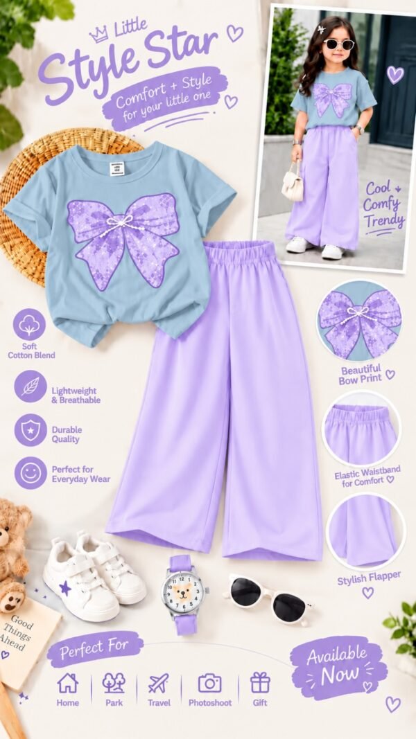 Girls Bow Print T-Shirt & Flapper Trouser Set - lilac flapper sky blue t-shirt colourway photo 22