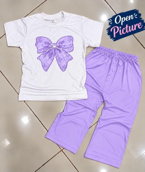Girls Bow Print T-Shirt & Flapper Trouser Set - lilac flapper white t-shirt flat lay colourway photo 23
