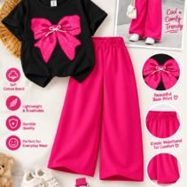 Girls Bow Print T-Shirt & Flapper Trouser Set - hot pink flapper black t-shirt colourway photo 3