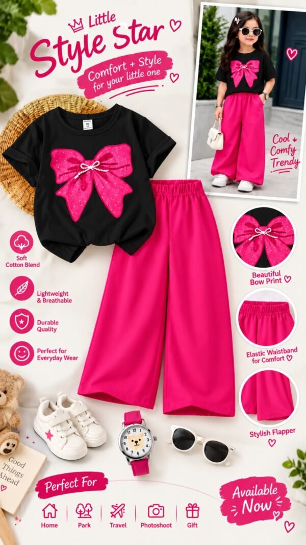 Girls Bow Print T-Shirt & Flapper Trouser Set - hot pink flapper black t-shirt colourway photo 3
