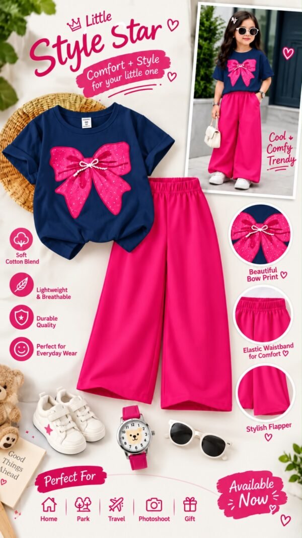 Girls Bow Print T-Shirt & Flapper Trouser Set - hot pink flapper navy t-shirt colourway photo 4
