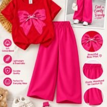 Girls Bow Print T-Shirt & Flapper Trouser Set - hot pink flapper red t-shirt colourway photo 5