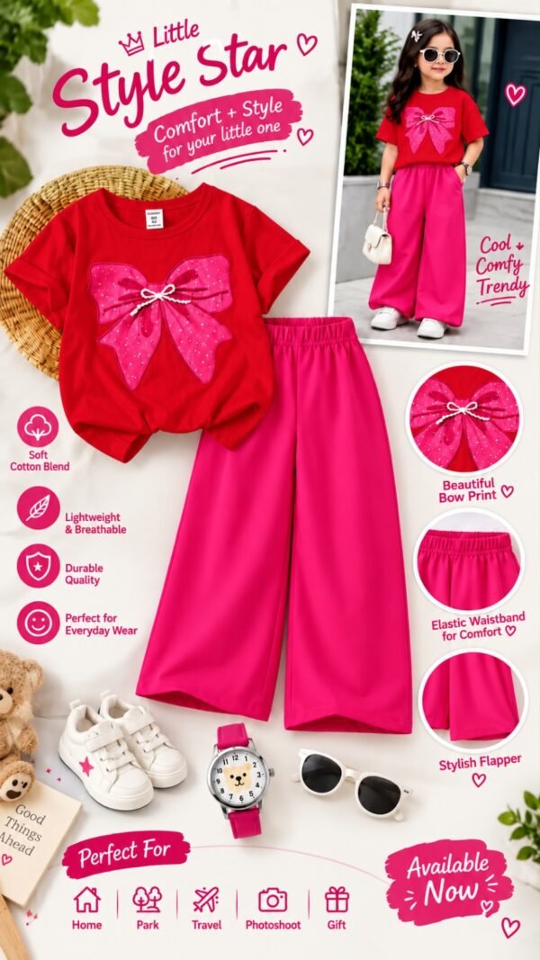 Girls Bow Print T-Shirt & Flapper Trouser Set - hot pink flapper red t-shirt colourway photo 5
