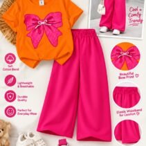 Girls Bow Print T-Shirt & Flapper Trouser Set - hot pink flapper orange t-shirt colourway photo 6