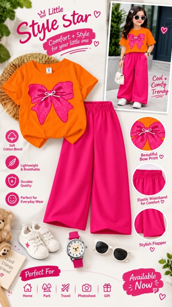 Girls Bow Print T-Shirt & Flapper Trouser Set - hot pink flapper orange t-shirt colourway photo 6