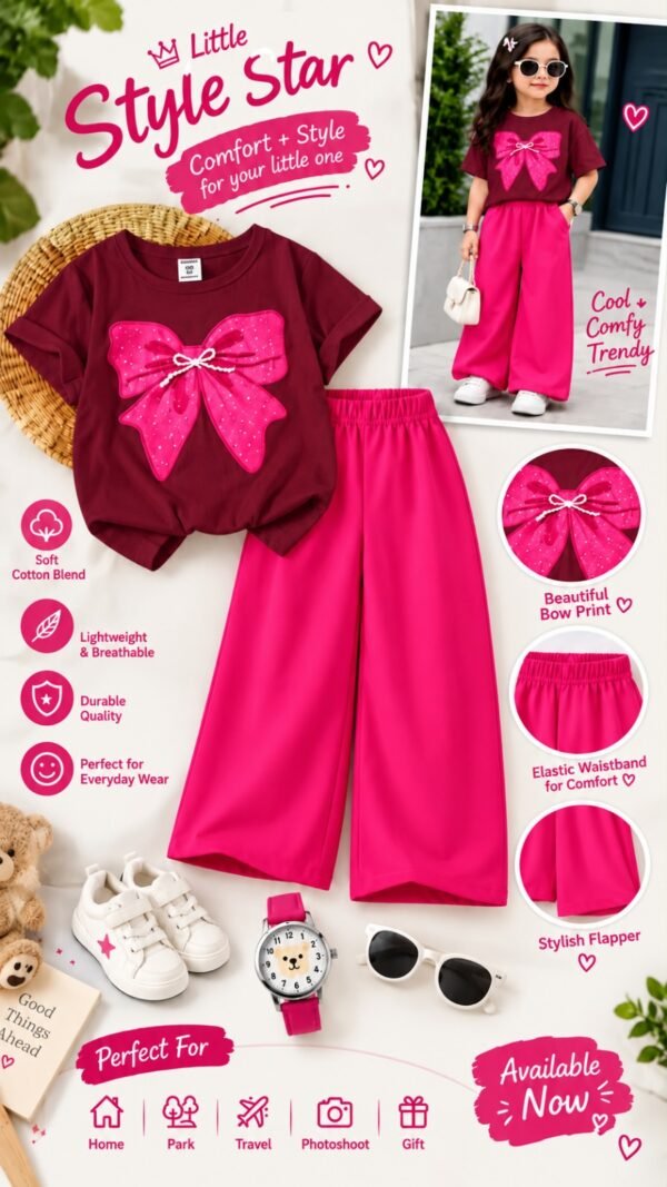Girls Bow Print T-Shirt & Flapper Trouser Set - hot pink flapper maroon t-shirt colourway photo 7