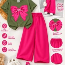 Girls Bow Print T-Shirt & Flapper Trouser Set - hot pink flapper olive t-shirt colourway photo 8