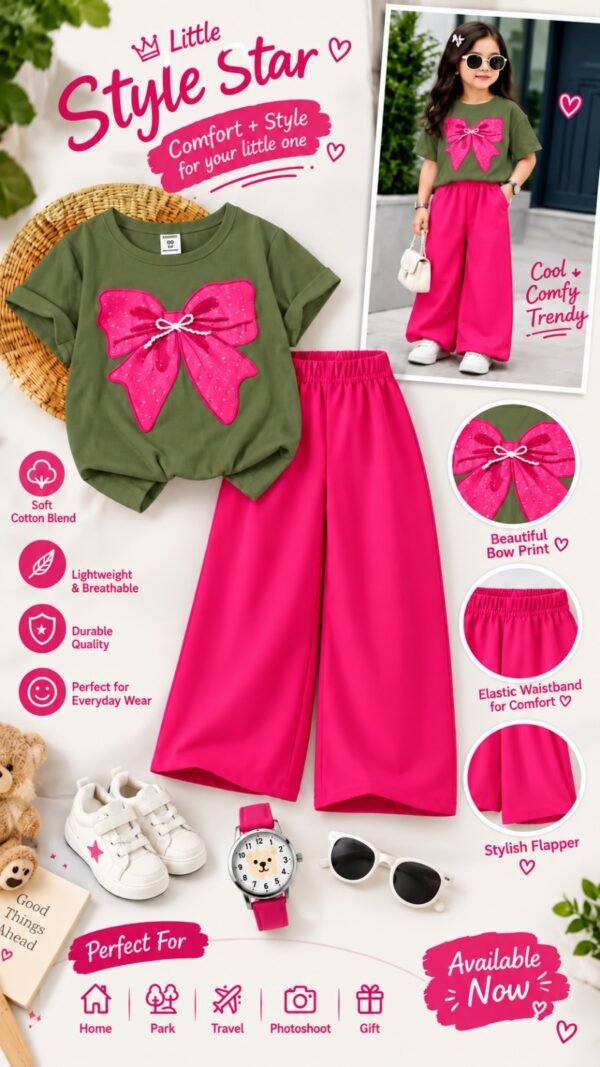 Girls Bow Print T-Shirt & Flapper Trouser Set - hot pink flapper olive t-shirt colourway photo 8