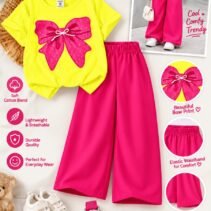 Girls Bow Print T-Shirt & Flapper Trouser Set - hot pink flapper yellow t-shirt colourway photo 9