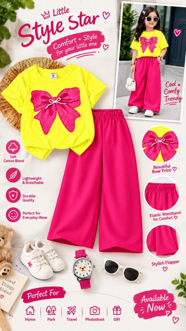 Girls Bow Print T-Shirt & Flapper Trouser Set - hot pink flapper yellow t-shirt colourway photo 9