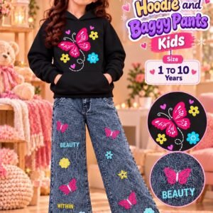 Girls Butterfly Print Hoodie & Baggy Jeans Set - black colourway photo 1