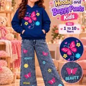 Girls Butterfly Print Hoodie & Baggy Jeans Set - navy blue colourway photo 2