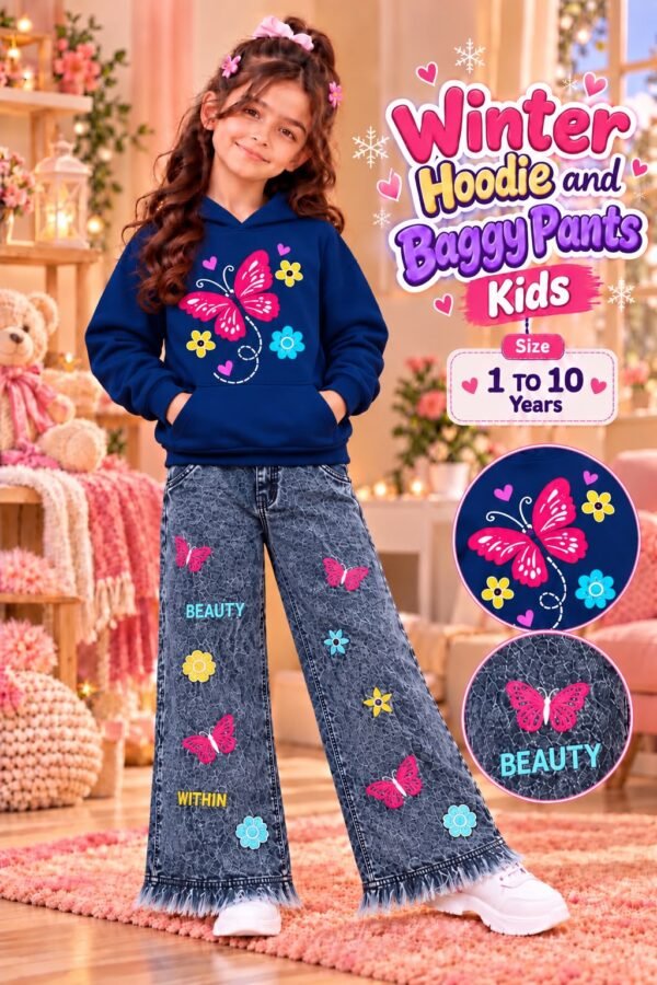 Girls Butterfly Print Hoodie & Baggy Jeans Set - navy blue colourway photo 2