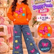 Girls Butterfly Print Hoodie & Baggy Jeans Set - orange colourway photo 3