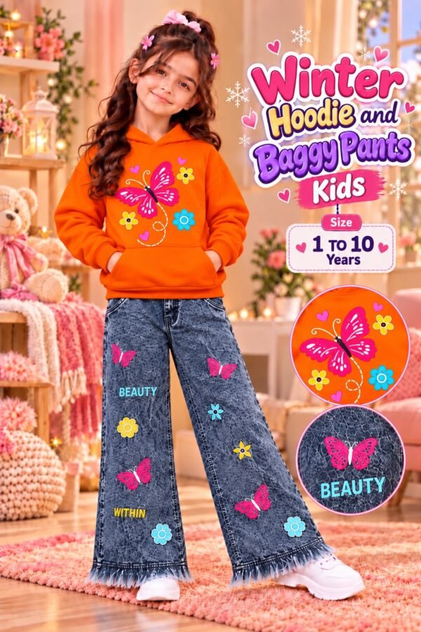 Girls Butterfly Print Hoodie & Baggy Jeans Set - orange colourway photo 3