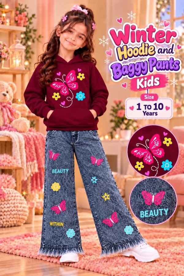 Girls Butterfly Print Hoodie & Baggy Jeans Set - maroon colourway photo 4