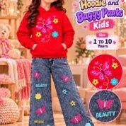 Girls Butterfly Print Hoodie & Baggy Jeans Set - red colourway photo 5