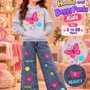 Girls Butterfly Print Hoodie & Baggy Jeans Set - grey colourway photo 6