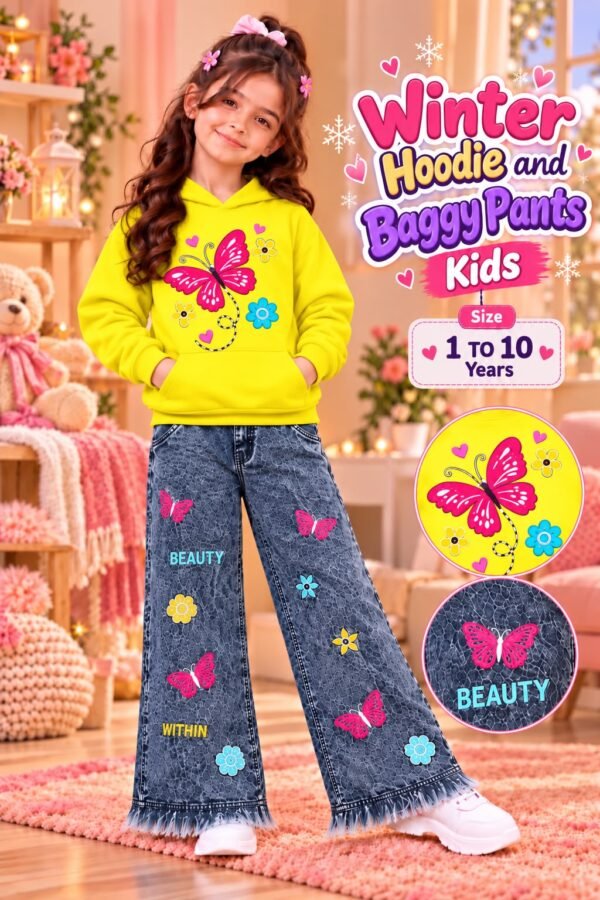 Girls Butterfly Print Hoodie & Baggy Jeans Set - yellow colourway photo 7