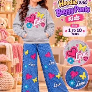 Girls Love Print Hoodie & Baggy Jeans Set - grey colourway photo 1