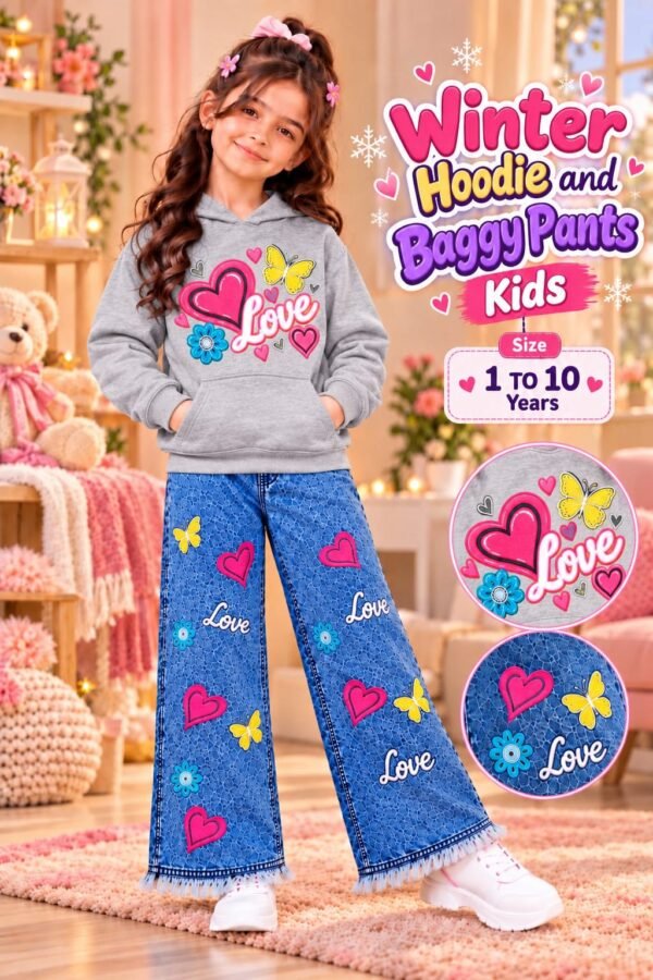 Girls Love Print Hoodie & Baggy Jeans Set - grey colourway photo 1