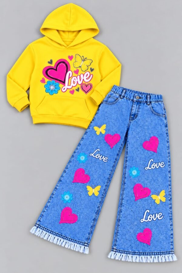 Girls Love Print Hoodie & Baggy Jeans Set - yellow flat lay colourway photo 10