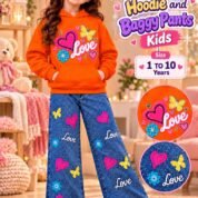 Girls Love Print Hoodie & Baggy Jeans Set - orange colourway photo 2