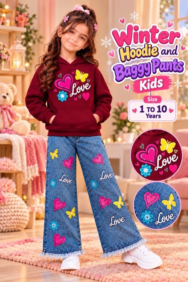 Girls Love Print Hoodie & Baggy Jeans Set - maroon colourway photo 4