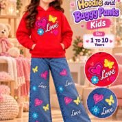 Girls Love Print Hoodie & Baggy Jeans Set - red colourway photo 5