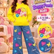 Girls Love Print Hoodie & Baggy Jeans Set - yellow colourway photo 6