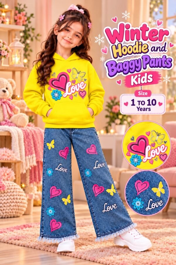 Girls Love Print Hoodie & Baggy Jeans Set - yellow colourway photo 6