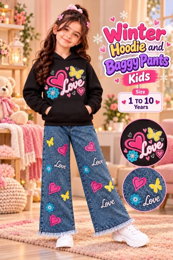 Girls Love Print Hoodie & Baggy Jeans Set - black colourway photo 7