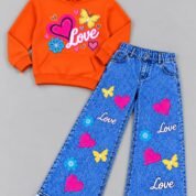 Girls Love Print Hoodie & Baggy Jeans Set - orange flat lay colourway photo 8