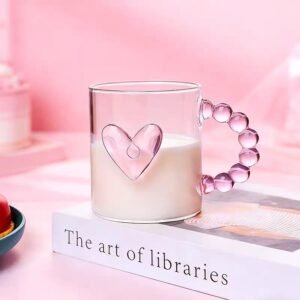 Heart Glass Mug 350ml with pink 3D heart and bubble bead handle