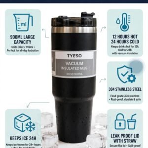 Insulated travel tumbler 900ml in black with straw on a desk