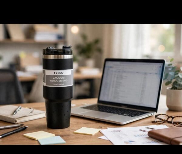 Stainless steel vacuum tumbler next to a laptop for office use Stainless steel vacuum tumbler next to a laptop for office use
