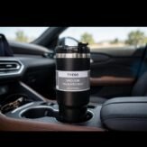 Insulated tumbler in a car cup holder showing portable size