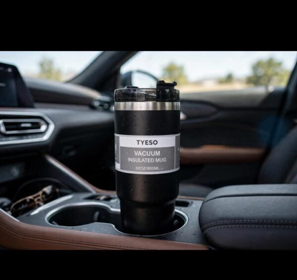 Insulated tumbler in a car cup holder showing portable size Insulated tumbler in a car cup holder showing portable size