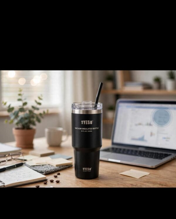 Travel tumbler with straw on a work desk Travel tumbler with straw on a work desk
