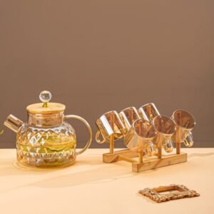Glass jug and cups set with wooden stand and wooden lid