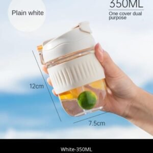 Glass coffee cup 350ml in plain white with silicone grip and size details