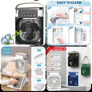 Desktop mist fan poster showing spray fan features and easy cleaning